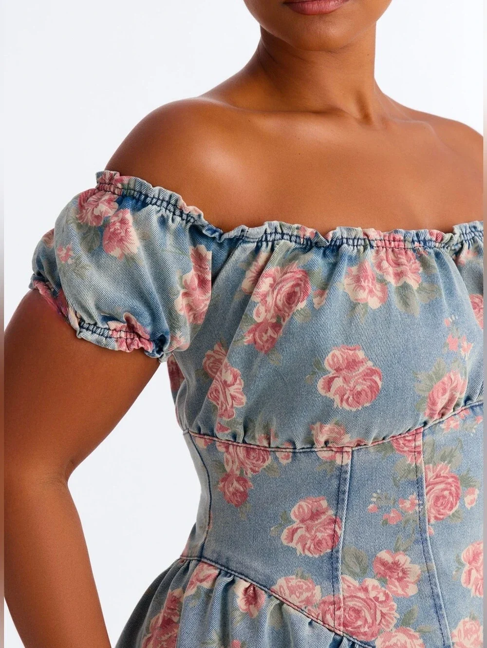 Off-Shoulder Floral Denim Mini Dress in Blue and Pink - Picture 3 of 3